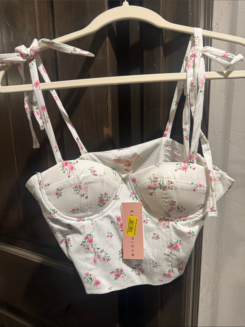Floral Tie-Shoulder Bustier Crop Top in White with Pink Blossoms